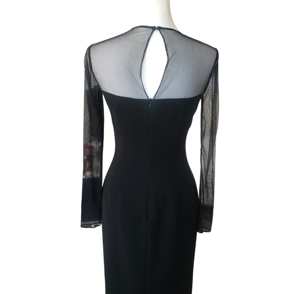 Tahari Black Sexy Illusion Long Sleeve Midi Cocktail Holiday Party Dress Sz 4 - Picture 4 of 16